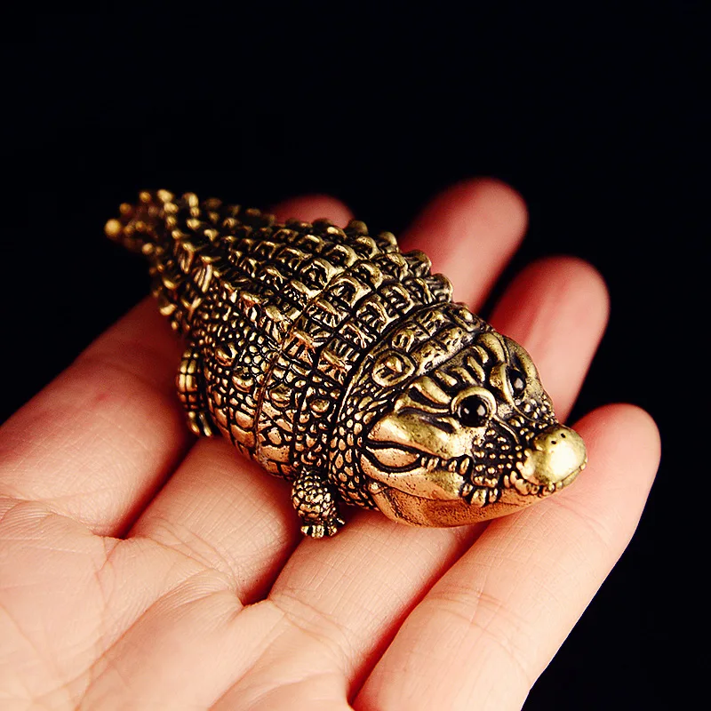 Antique Brass Crocodile Small Statue Desktop Decoration Vintage Animal Alligator Miniatures Figurines Home Decor Ornaments Craft