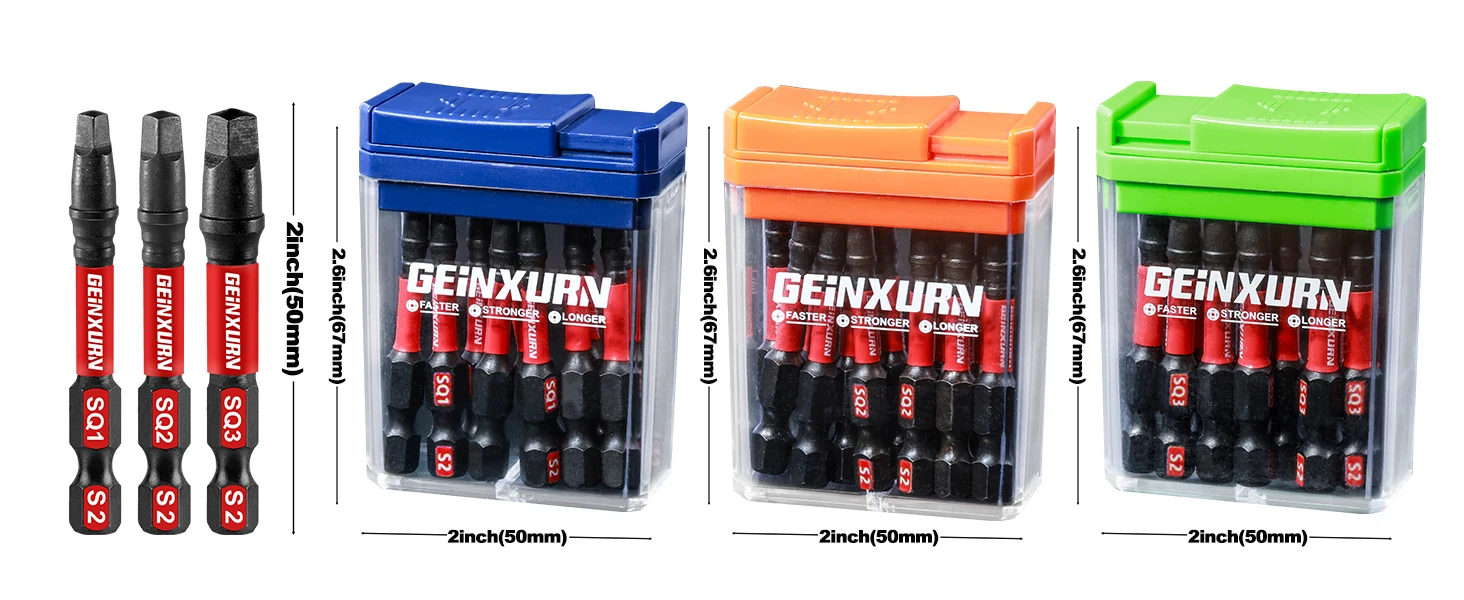 Geinxurn 15-teilige Impact Square Magnetic (SQ1, SQ2, SQ3) Multi-Treiber-Bits aus S2-Stahl mit bunter Aufbewahrungsbox (blau, orange, grün) – Detail 3