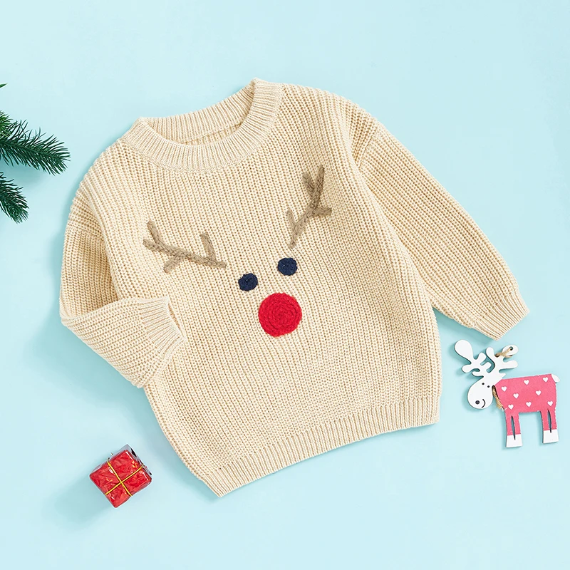 Baby Boy Girl Christmas Sweater Reindeer Pattern Long Sleeve Round Neck Chunky Knitwear Pullover Kids Winter Clothings