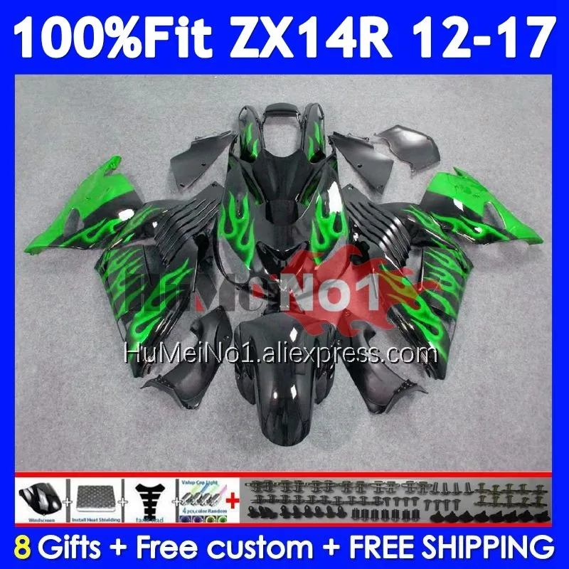 Body For KAWASAKI NINJA ZX 14R ZX14R 2012 2013 Green flames 2014 2015 2016 2017 229No.45 ZX14 R ZX-14R 12 13 14 15 16 17 Fairing