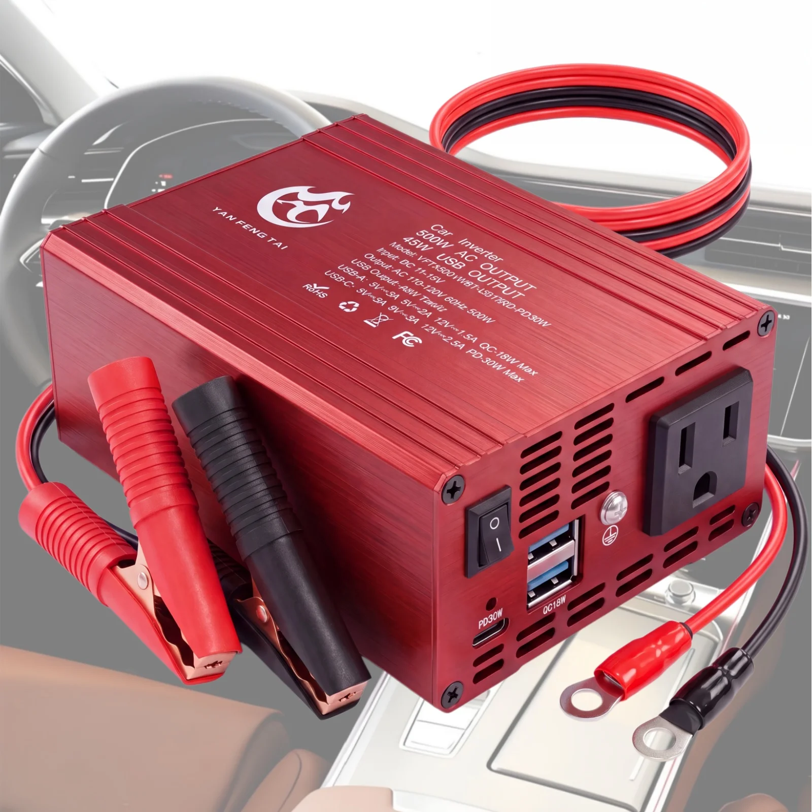 500W Car Power Inverter 12V to 110V Aluminum Portable for Camping Outdoor, USB-C PD30W & USB-A QC18W Fast Charge, Multi-Protection Safe
