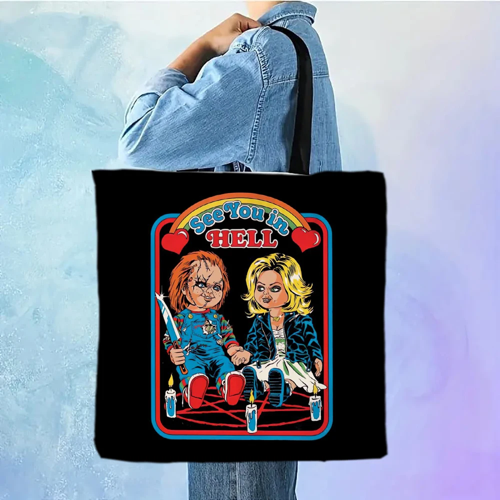 Bolso de mano de película de terror de dibujos animados divertidos, bolso de hombro de gran capacidad, bolso de compras perfecto para festivales 9,12