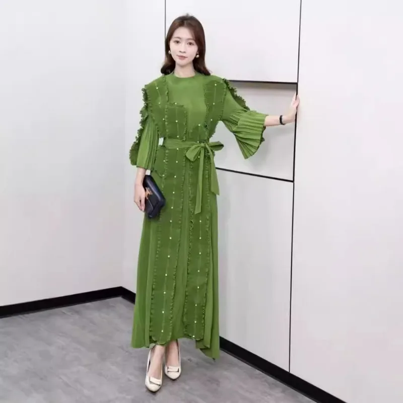 Miyake Pleated Flared Sleeve Studded Dress Women's Seven Sleeve Round Neck Tie Temperament Maix Dresses Summer