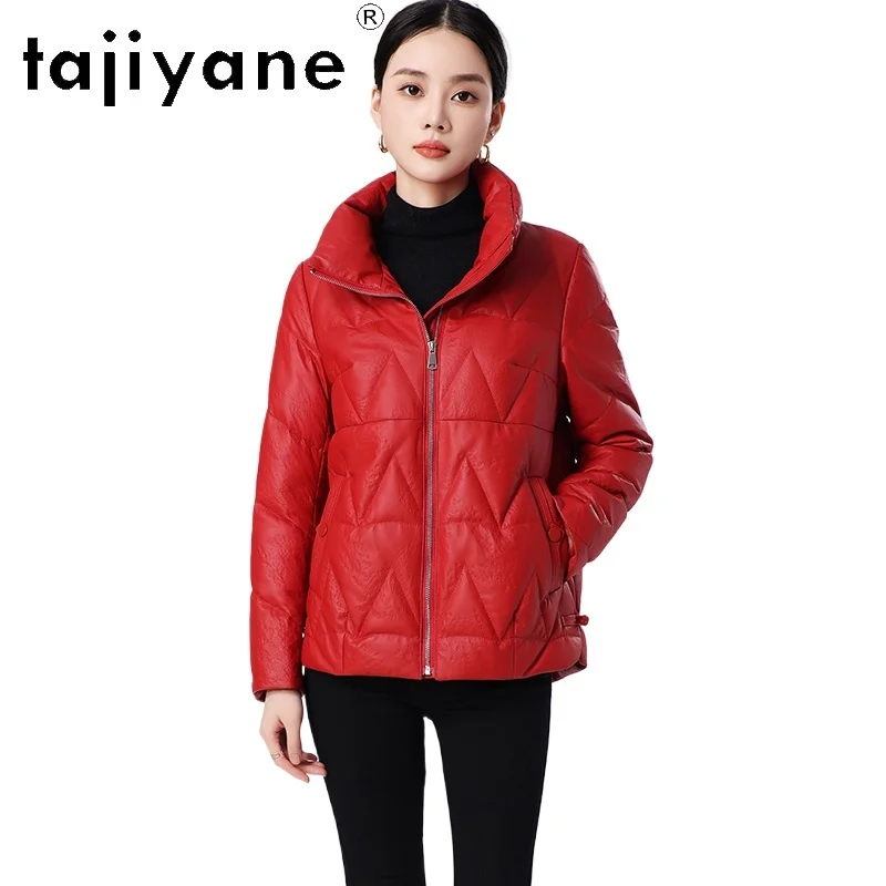 TAJIYANE 100% سترة منتفخة من جلد الغنم للنساء قسط قصير الأبيض بطة أسفل معاطف سترات من الجلد الطبيعي 2025 ملابس امرأة 신상АКю터