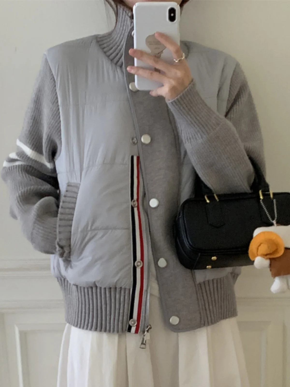 Slim Fit Cotton Jaet Women's Winter Knitted Splice ort Coat Stand Collar Long Sve Regular Length Single Button Closure