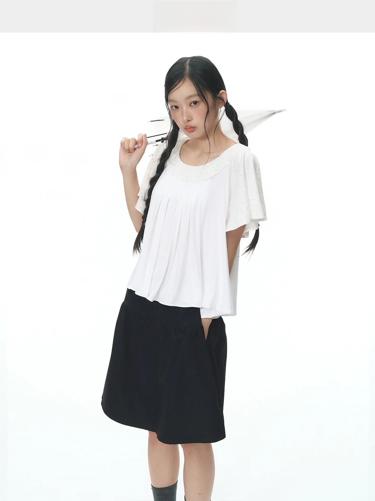 YUPH Vintage Cute Floral Polka Dot Print Loose Doll Shirt Short Sleeve Bell Sleeve Splice Top Comfortable Breathable Korean S...