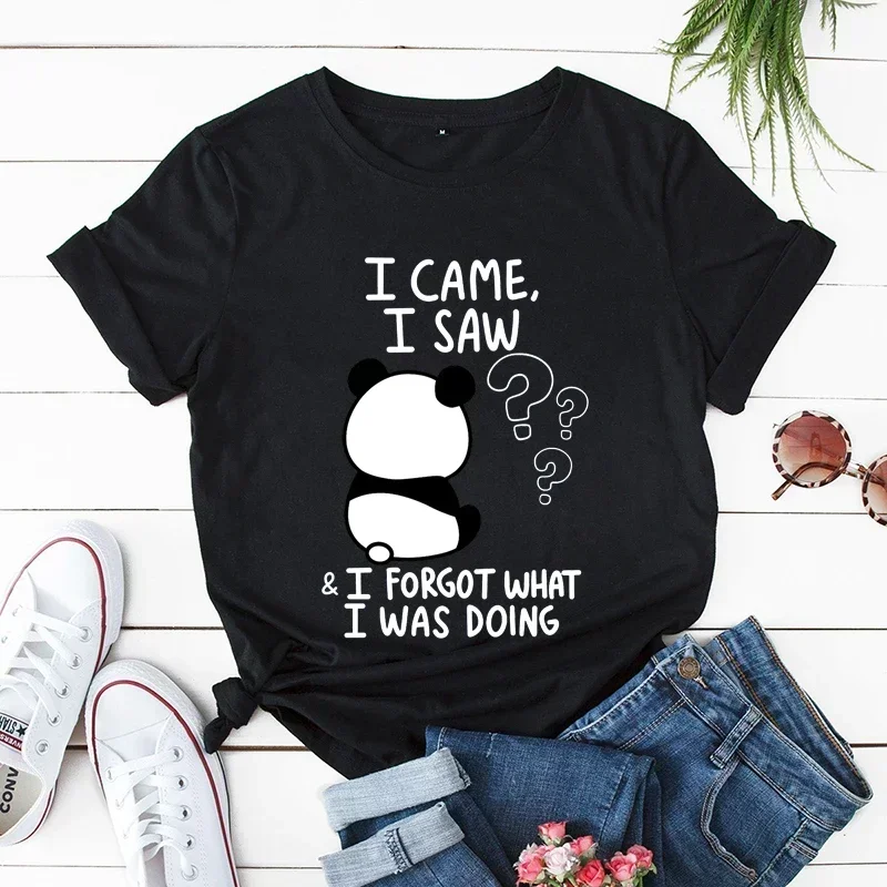 Women Panda Lovely Graphic Print Tee Fashion Cartoon Korean Style Crew Neck Short Sleeve Harajuku Streetwear Women Versatile Tee