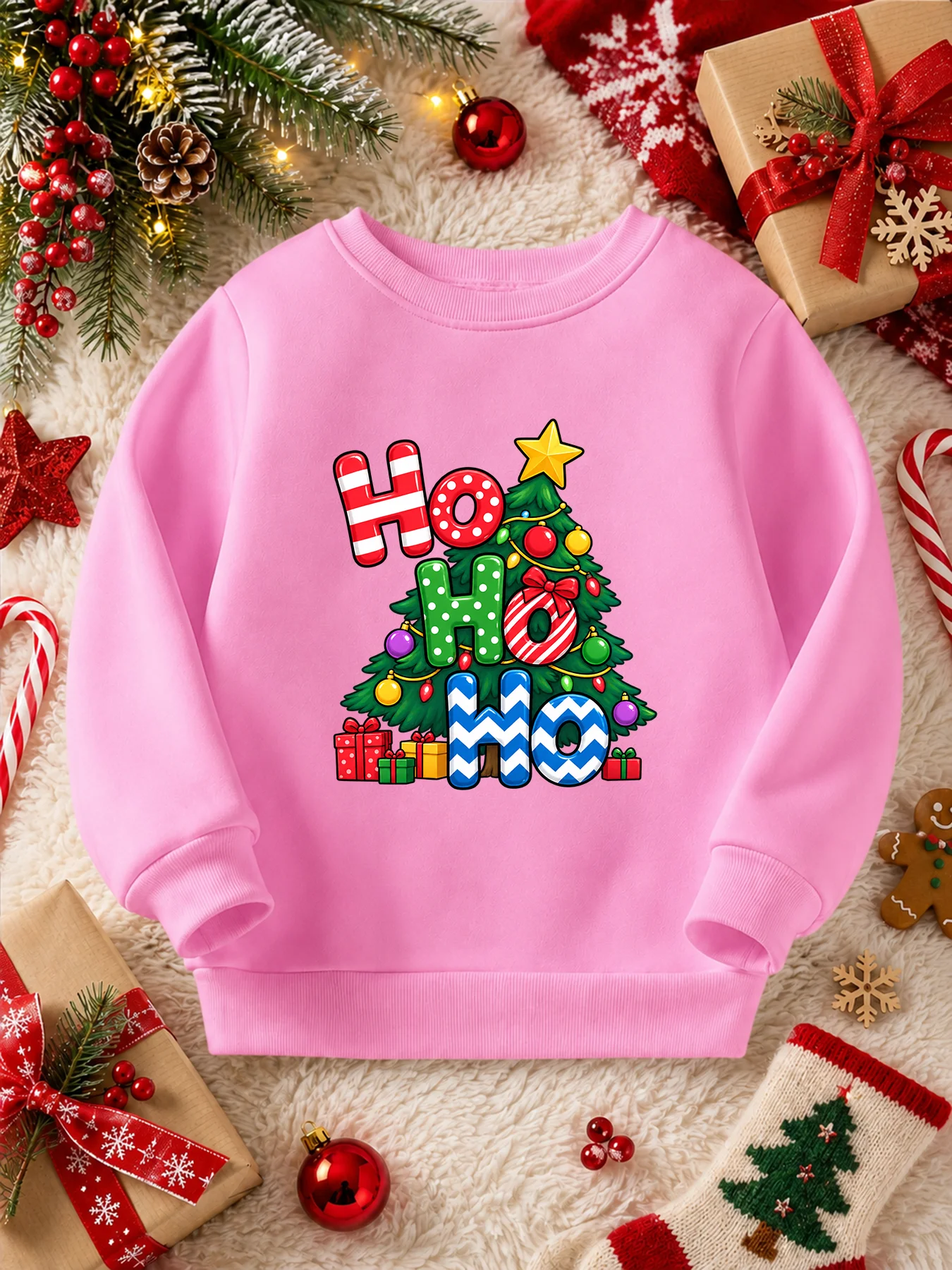 Ho Ho Ho Christmas Tree Print Girls Sweatshirt, Christmas Holiday Kids Clothes, Girls Crew Neck Long Sleeve Casual Top