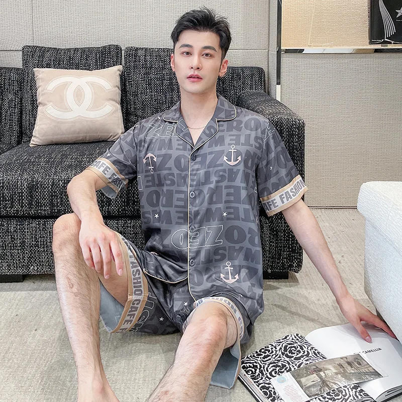 

2024 Summer New Arrival Pajamas Men's Thin Ice Silk Short Sleeve Shorts Suit Plus Size Casual Home Clothes