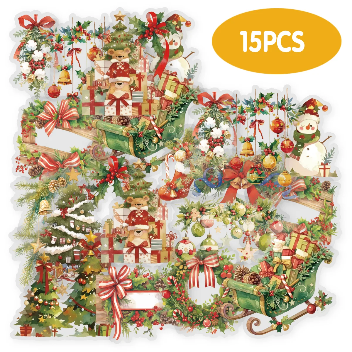 Etori Life 15Pcs Green Branches with Snow Vintage Christmas Tree Branches Ribbon Pattern Stickers for Decoration, Scrapbooking, DIY Journal, Gift Box Packaging, Laptop, Phone Case, Suitcase, Birthday Gift, Children's Stickers