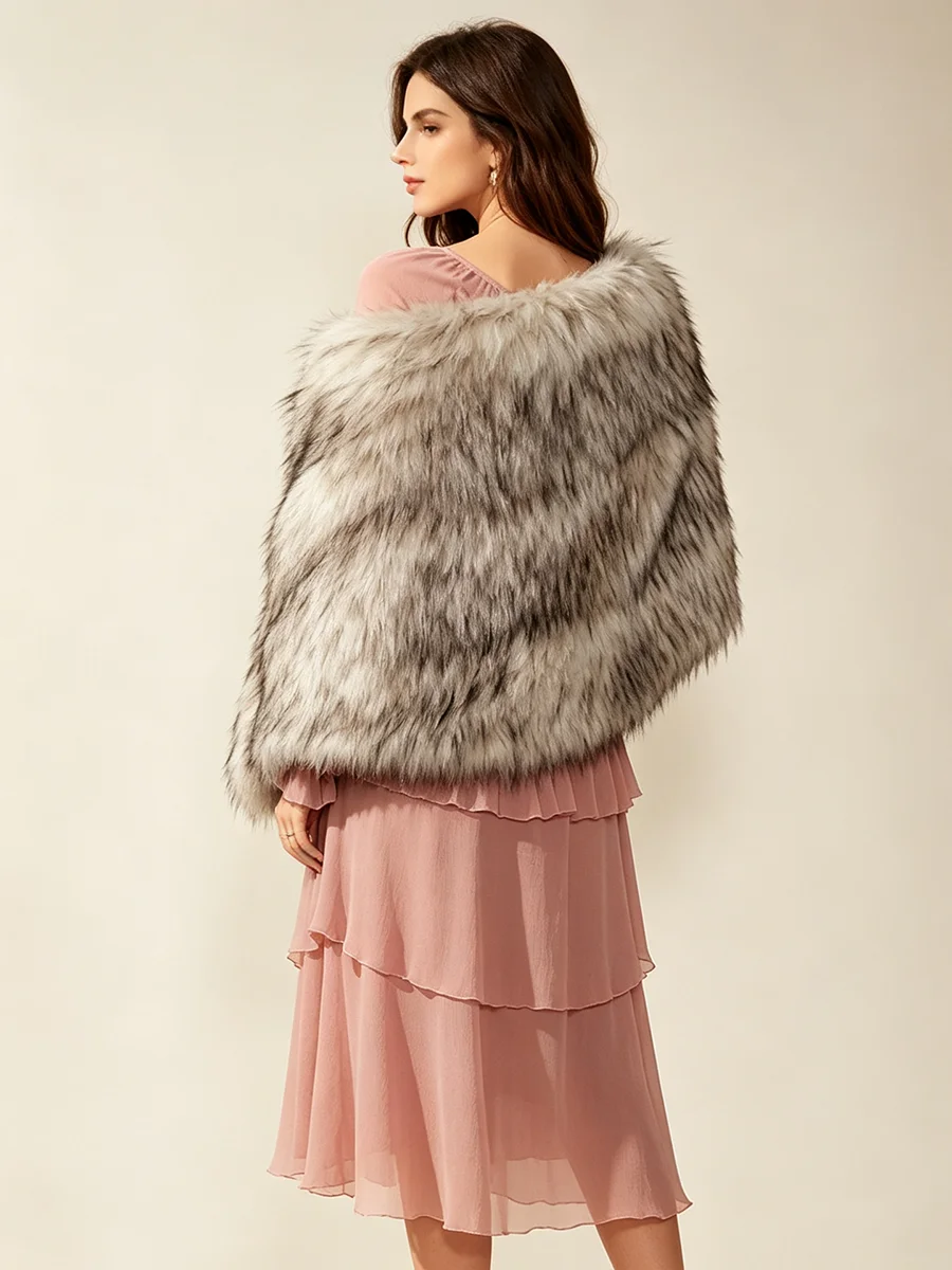 PUAL Women Gradient Faux Fur Shawl Wrap Fluffy Plush    Evening Party Furry Shoulder Cover Outerwear