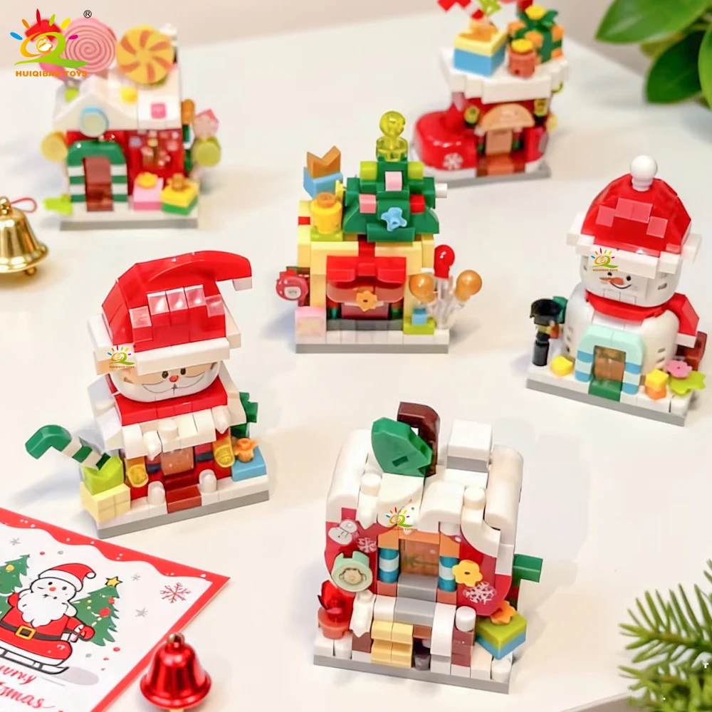 HUIQIBAO Weihnachts-Mini-Bausteine Weihnachtsmann Schneemann Weihnachtsbaum Haus Bausteine Set DIY Tischdekoration Kinder Weihnachtsdekoration Geschenk – Detail 1