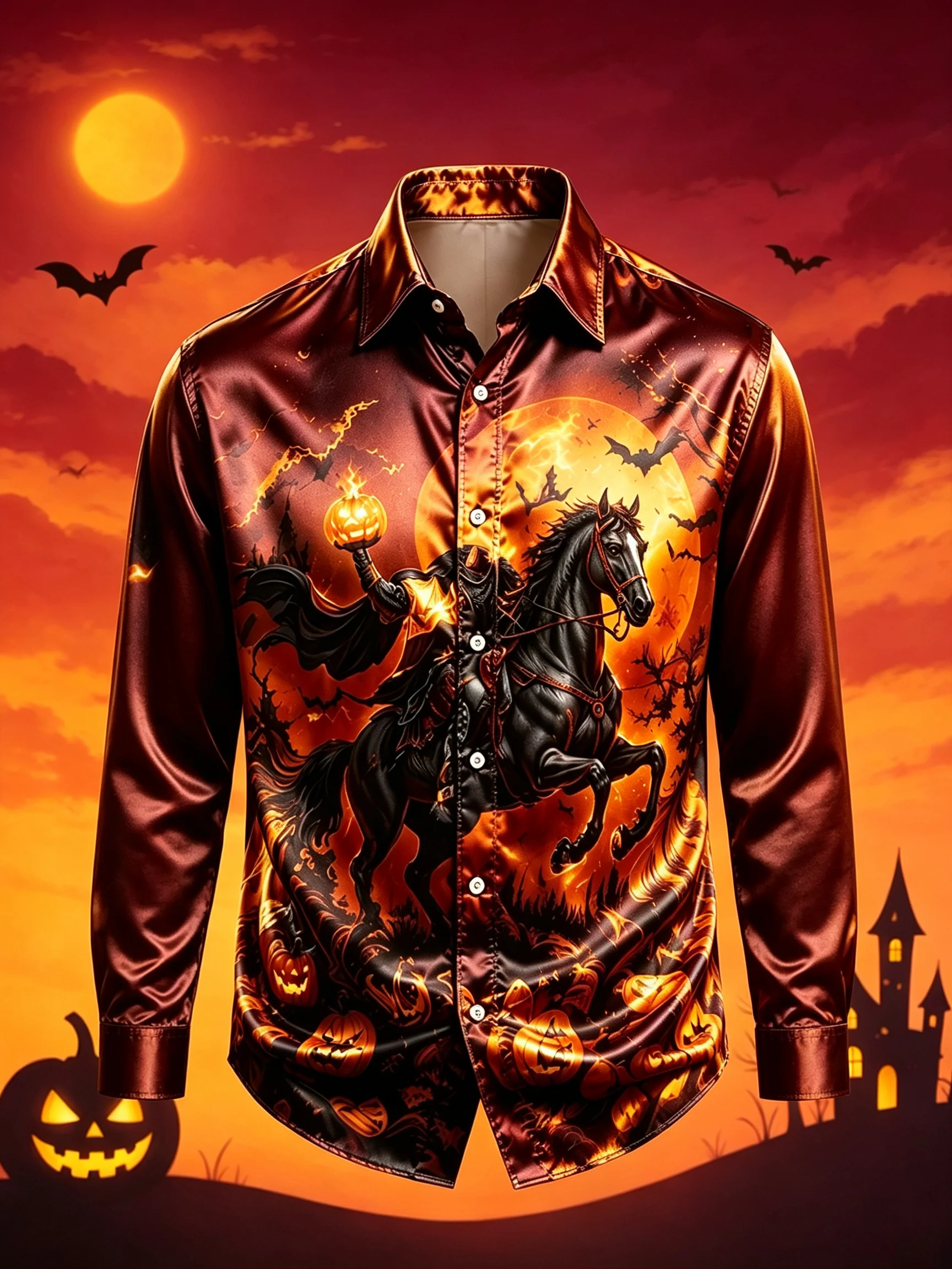 Men Satin Long Sleeve Shirt Halloween Headless Horseman Pumpkin Print Shirt