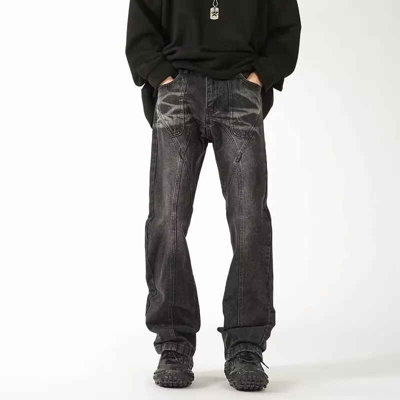 Washed Micro Flared Jeans for Men Straight Casual Baggy Denim Trousers Split Wash Jeans for Men Distressed Streetwear Y2k Men’s