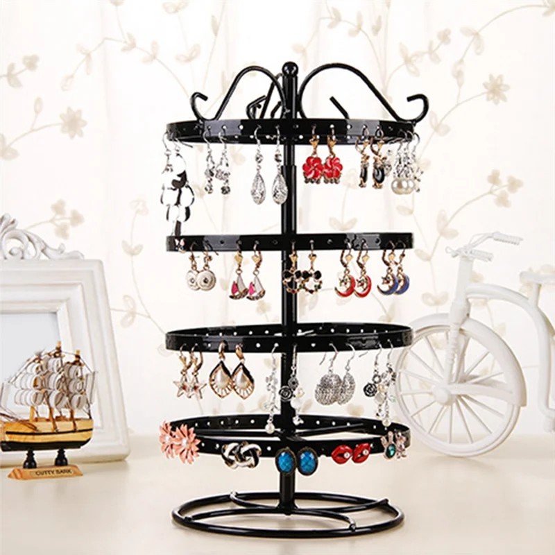 AA81-1 PCS Wrought Iron Four-Story Rotating Jewelry Rack Earring Earring Bracelet Display Rack White