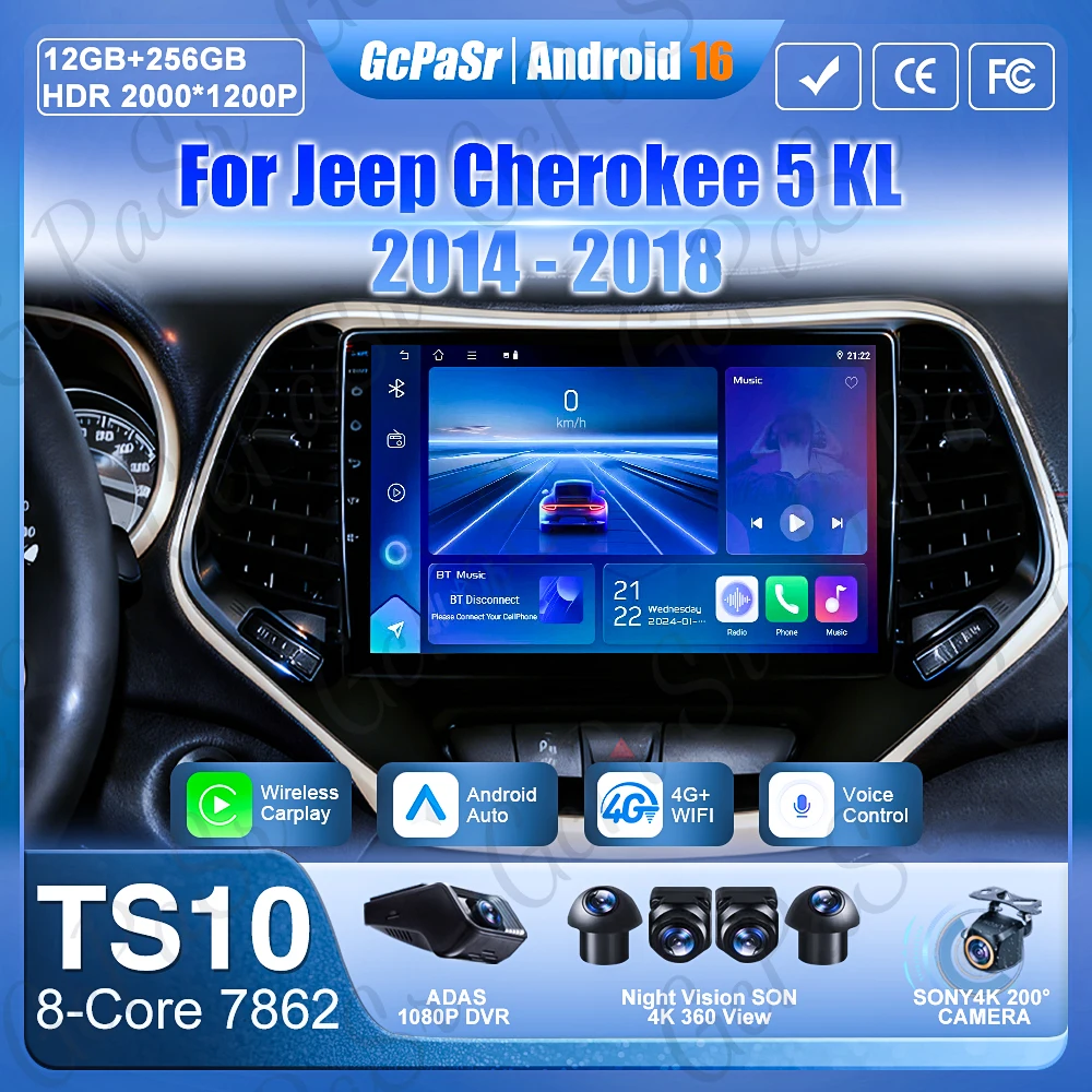 Android 16 Car Radio For Jeep Cherokee 5 KL 2014 - 2018 Screen GPS Navigation Carplay DVD No 2din 4G Wifi 2k Video Autoradio BT