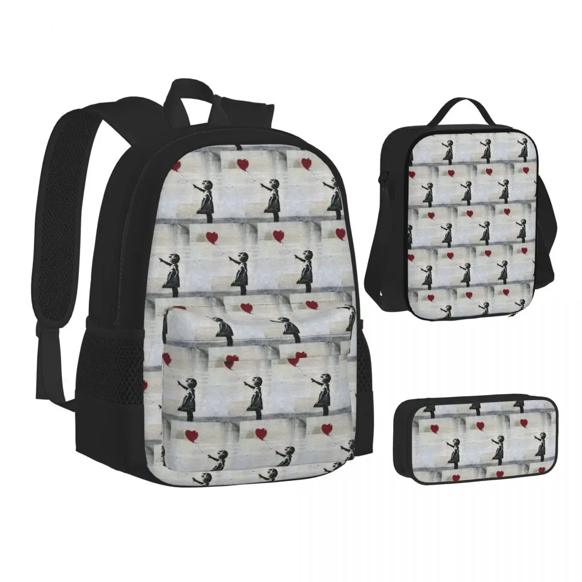 Banksy Girl With A Red Balloon Backpacks Boys Girls Bookbag Students School Bags Kids Rucksack Lunch Bag Pen Bag Three-Piece Set