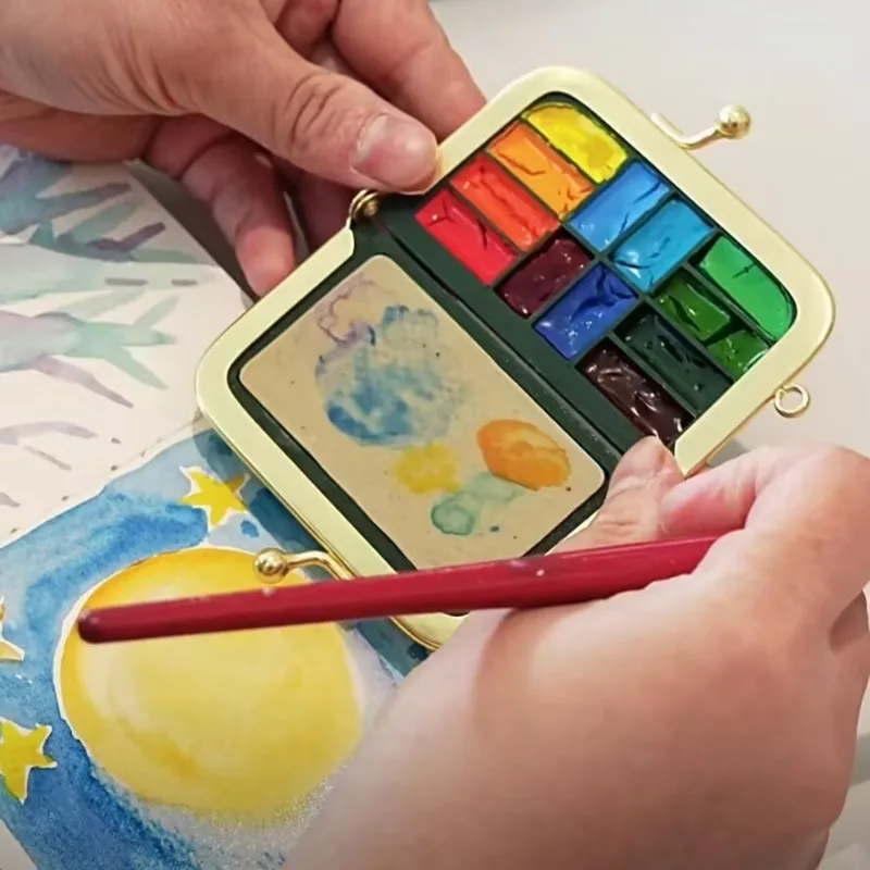 Retro Matte Gold Portable Paint Box Storage Bag Set Art Sketching Painting Ceramic Palette Handbook Water Color Drawing Clip