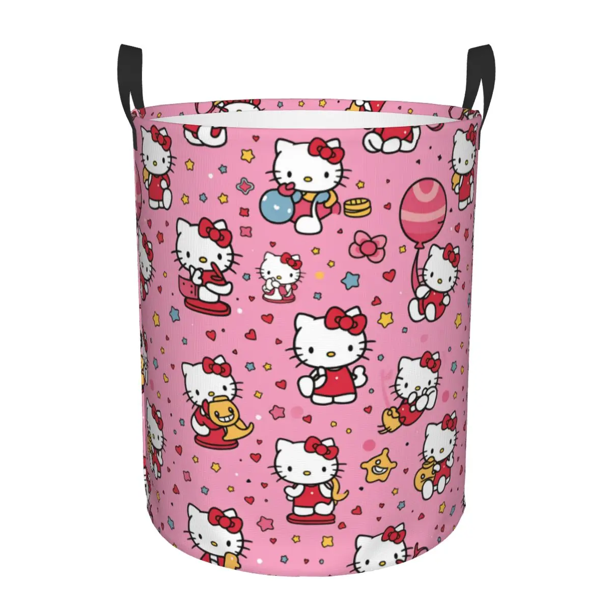 

Hello Kitty Red Bow Japan Anime Laundry Basket Foldable Hearts Stars Seamless pattern Clothes Hamper Storage Bin for Living Room