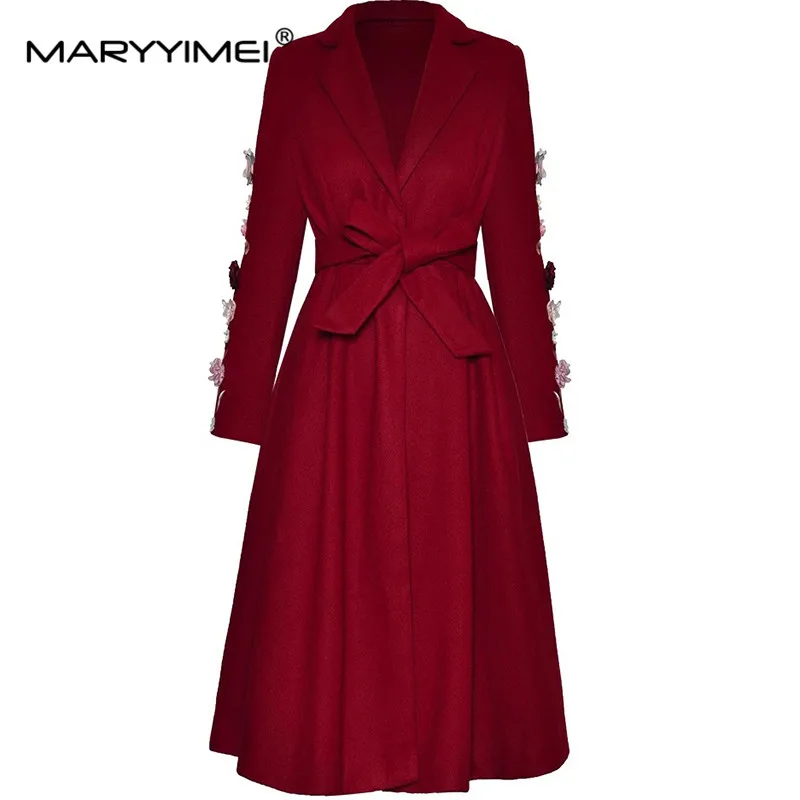 Women's Wine Red Coat Notched Single-breasted Unique Appliques Design Lace-up Long Sleeved Overcoat For Women 2024 Luxury Brand