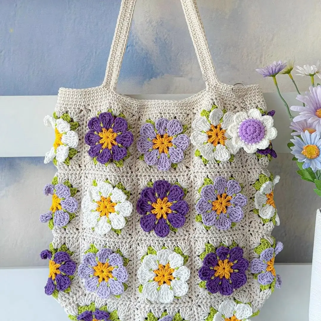 Handmade DIY Spring Flower Ins Style Three Dimensional Flower Grandmother Checker Bag with One Shoulder Rural Tourism French Bag