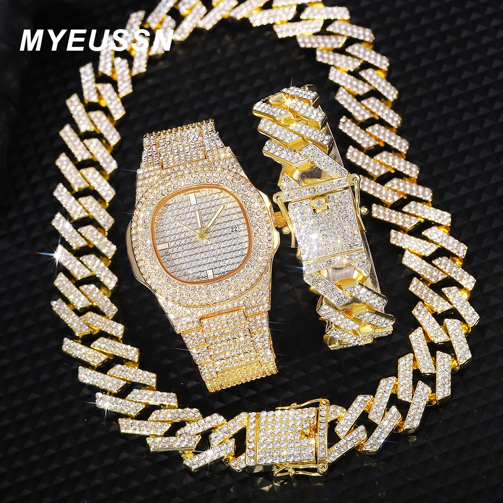 New Iced Out Watch Mens Cuban Link Chain Bracelet Necklace Choker Bling Jewelry Men Big Gold Color Chains Hip Hop Punk Watch Set