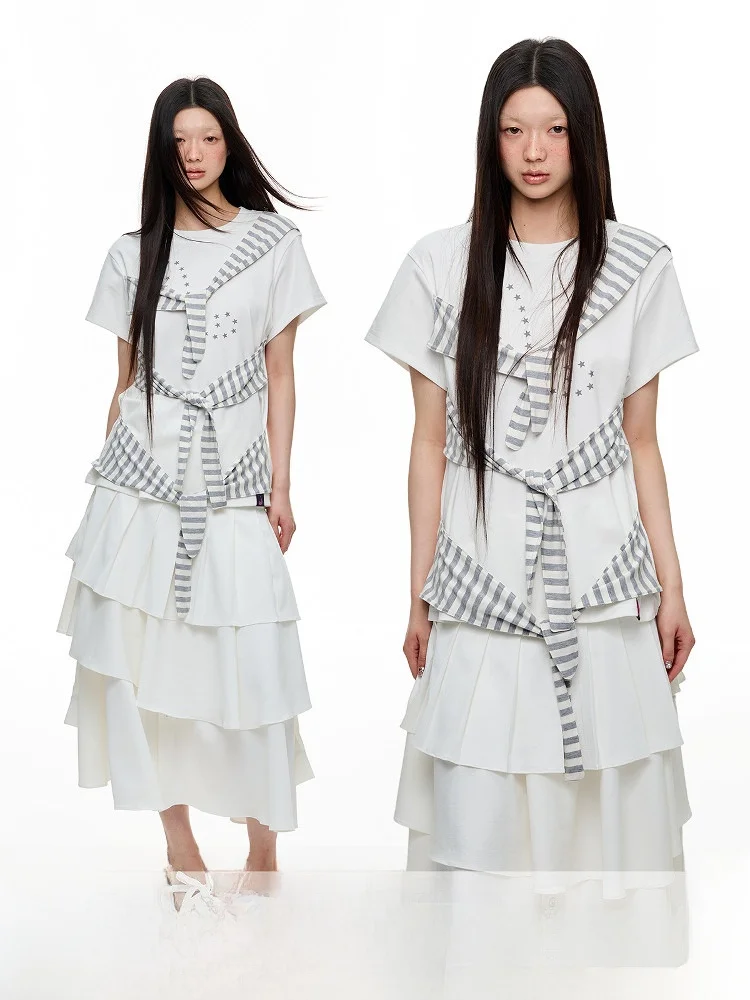 

JIKOO Lazy Knot Short Sleeve T-Shirt round Neck Women's Top Printed Patchwork Stripes Adjustable Street Style Loose Fit Summer