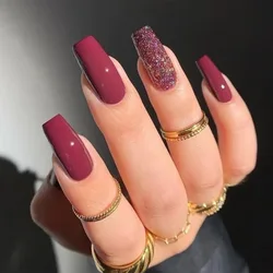 24pcs Wine Red Powder Fake Nails Square Head French Ballet Nail Press on Nails Gradient False Nails Waterproof Faux Fingernails