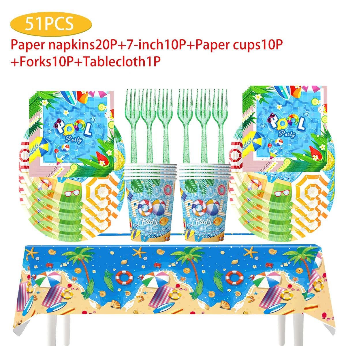 

Disposable Tableware for Party Theme, Plates, Paper Towels, Cup, Tablecloth, Dining Fork Set, Pool Party Supplies