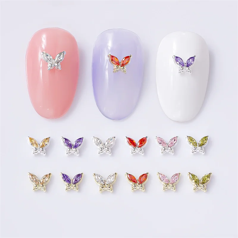 10 pçs/lote liga arte do prego encantos forma de borboleta pedra gemas acessórios da arte do prego ornamentos de metal jóias para manicure peças do prego