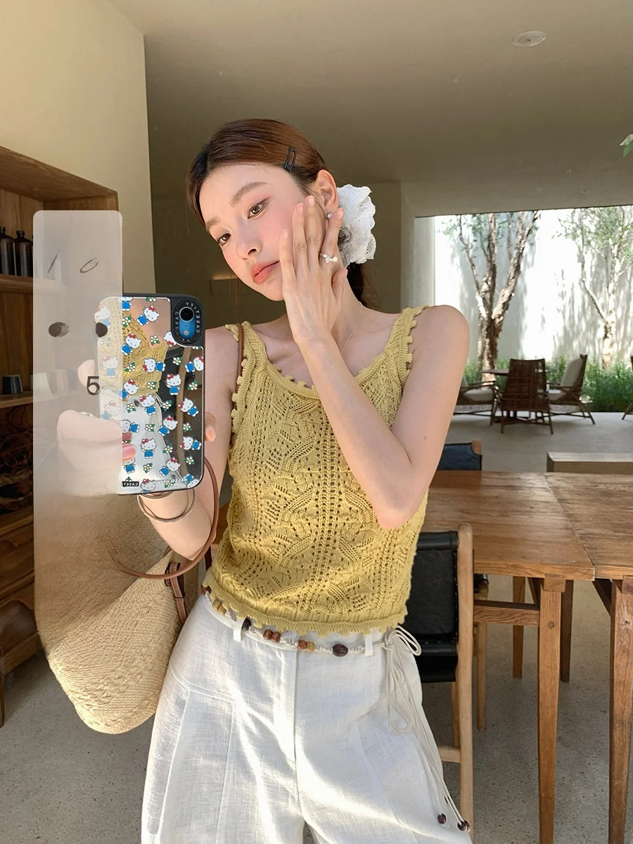 

Ibell Zhang Camere Silk Wool Tead Micro Hollow Knitted Lace Strap Women's Vest oulder Strap Summer Faion Ladies' Clot...