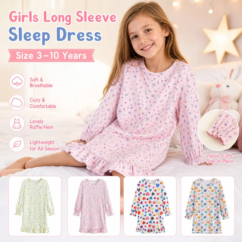 Little Hand Girls Cozy Long Sleeve Nightgown Assorted Cartoon Print Ruffle Hem Lightweight Home Loungewear Dress For 3‑10 Years