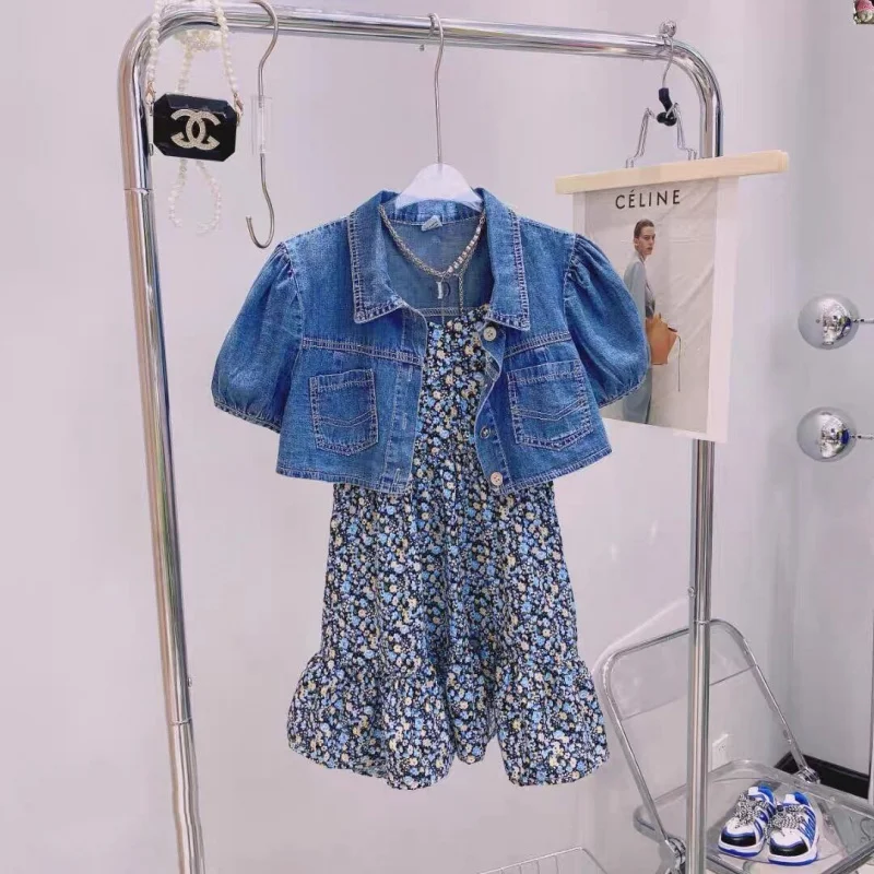 

Summer Girls' Fashion Denim Jacket and Floral Strap Dress Two-Piece Set