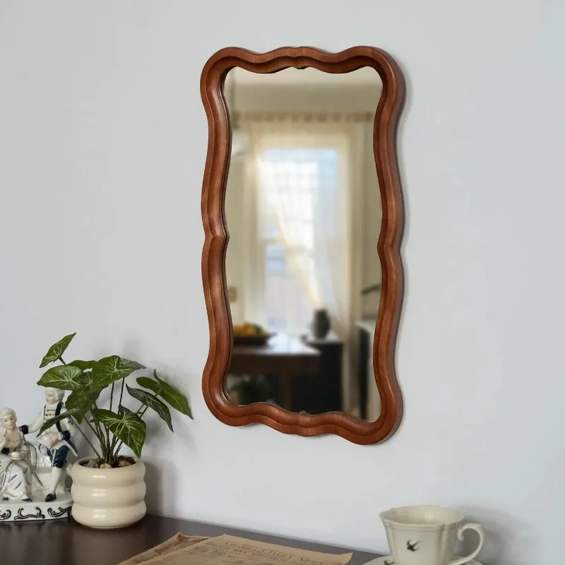French Vintage Wall Mirror with Walnut Frame - Decorative Bathroom & Vanity Mirror, Elegant Hanging Home Decor for Bedroom
