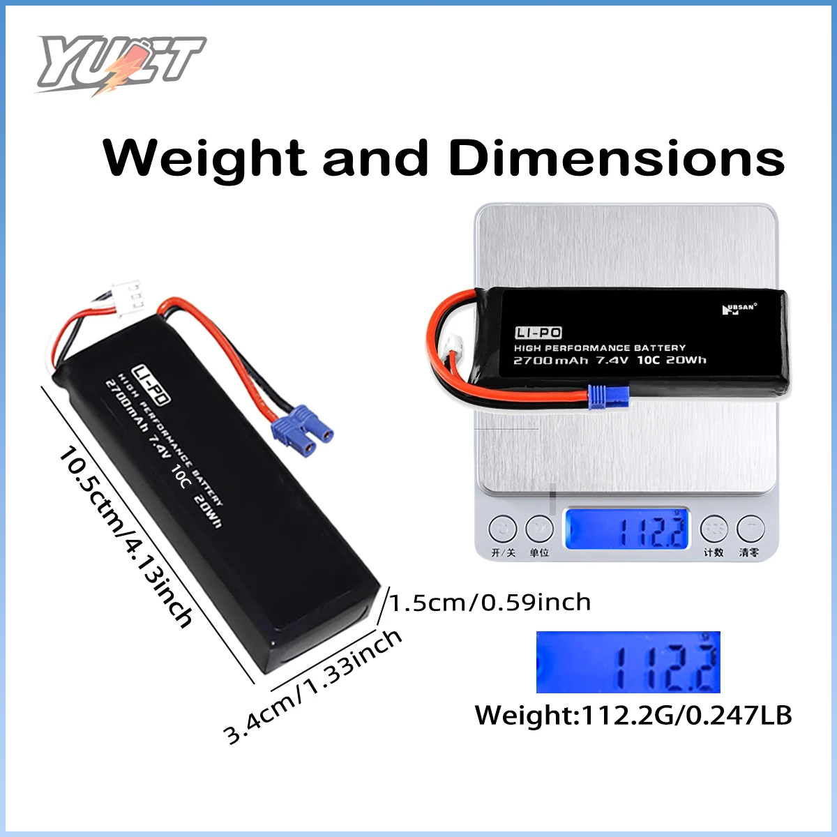 YUCT 2700mAh 7.4V 2S LiPo Battery for Hubsan H501S, H501C, X4 Quadcopter - with EC2 Plug - Replacement Drone Accessories Parts