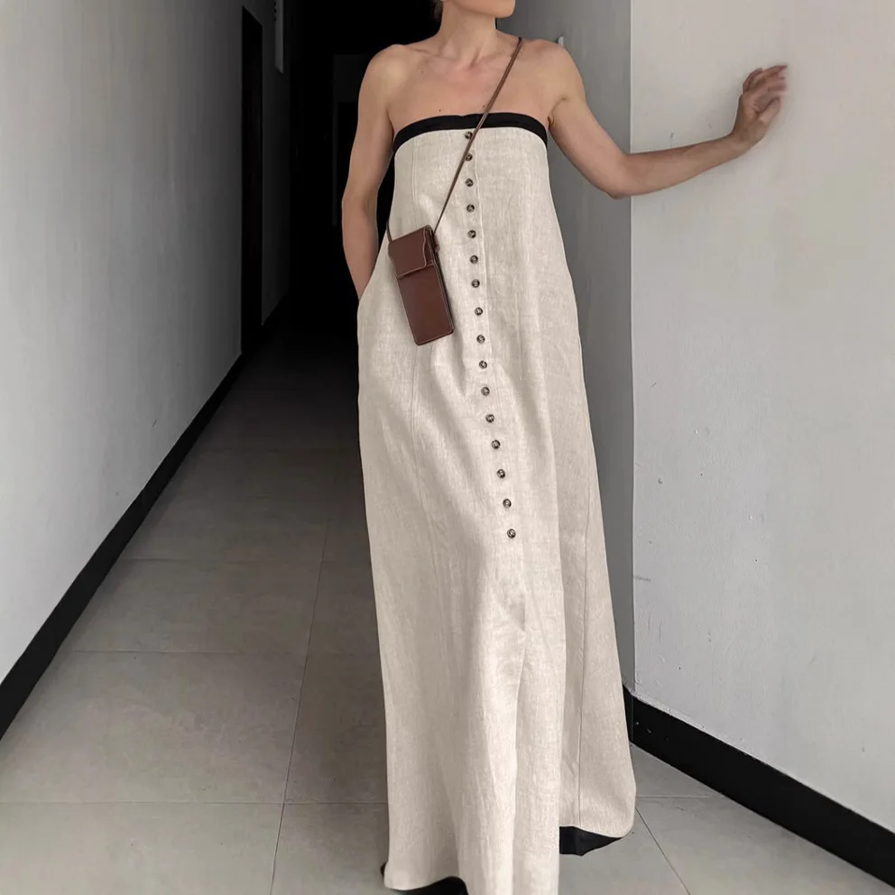 

2026 Spring Summer A Line Sundress Women French Vacation Style Cotton Linen Blend Sleeveless Maxi Dress Beach