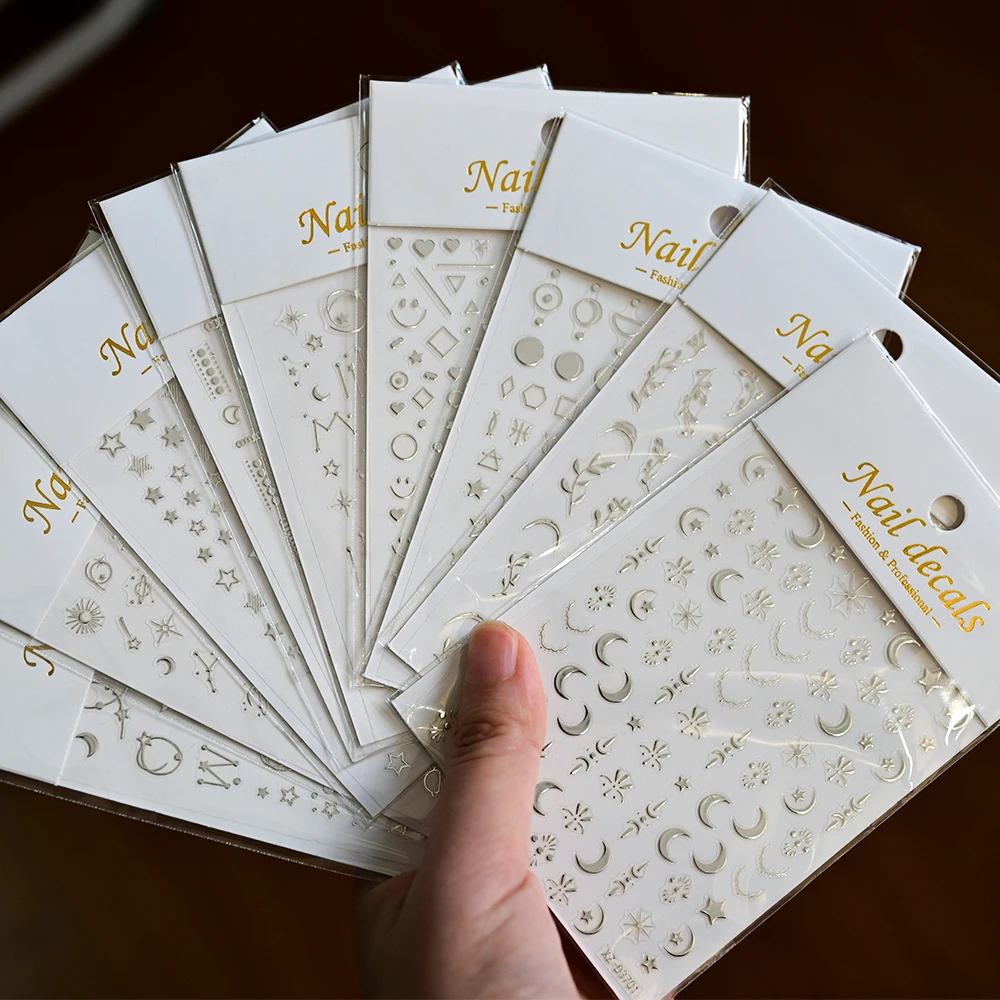 1 Uds. De pegatinas 3D para decoración de uñas con estrella plateada/luna/borla, líneas francesas/planeta/hoja/geomía, deslizadores autoadhesivos DIY Y2K, calcomanías para manicura