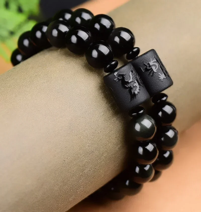 10/12MM Natural Black Obsidian Carved Buddha Lucky Amulet Round Beads Strand Bracelet For Women Men Jewelry Near Year Gift