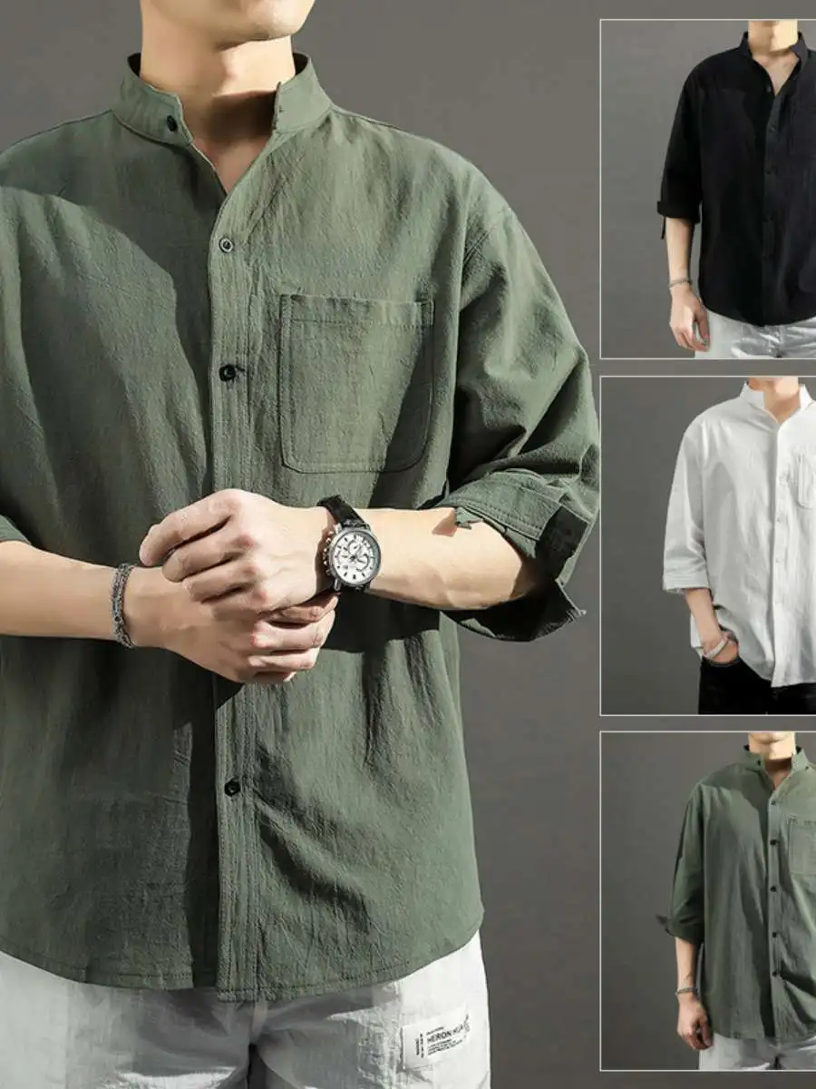 

Новая летняя мужская повседневная рубашка из хлопка и льна с рукавом три четверти, тонкая, свободного кроя, с воротником-стойкой, для повседневной носки