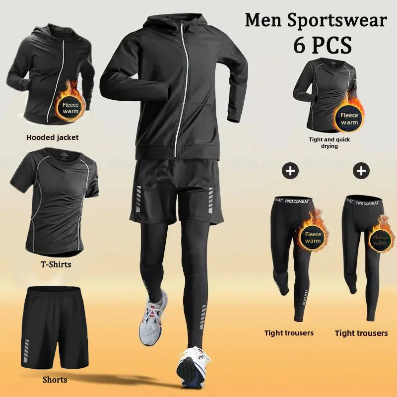 Men's 5-7 PCS Winter Fleece-Lined Warm-Up Sports Sets Running Fitness Training Tight Athletic Cycling Quick-Dry Sportswear Suit