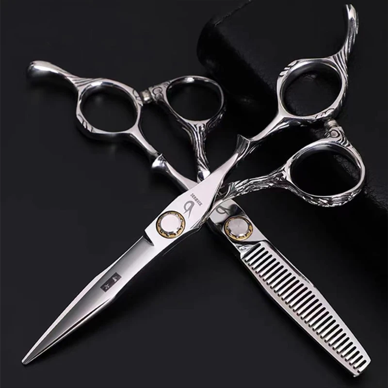 

Professional Barber Scissors Set Textured thinning shears Scissors that slide upward curving 440C 5.5-6inch