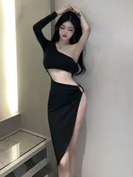 Sexy Solid Color Spicy Girl With High Split Exposed Legs Slim Hollow Out Waist Exposed Irregular Mid Length Dress Elegant YDNG
