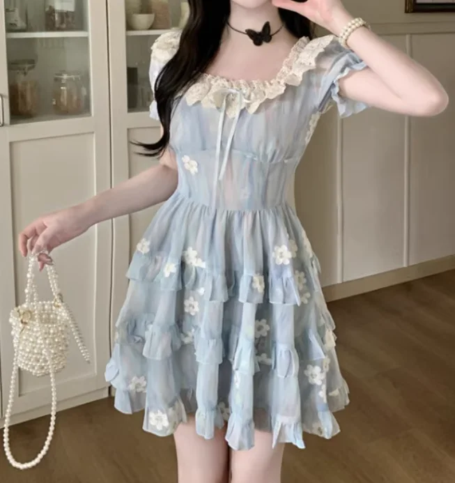 فستان صيفي كبير الحجم بطباعة حلوة فرنسية بأكمام قصيرة، فساتين عصرية بخصر عالٍ ومتعددة الاستخدامات ورقبة مربعة #3