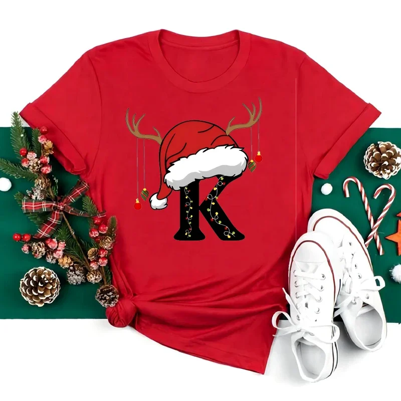 Christmas Alphabet T Shirt Women Casual Fashion T-shirt Short Sleeve Christmas Party Aesthetics Red Top Harajuku Sleeve Casual