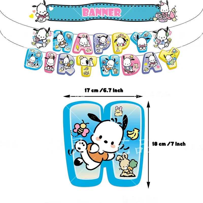 Cute Sanrio series Birthday Party dinnerware Disposable Banner Cake Topper Hanging Flag Pochacco Balloon Birthday Decoration set