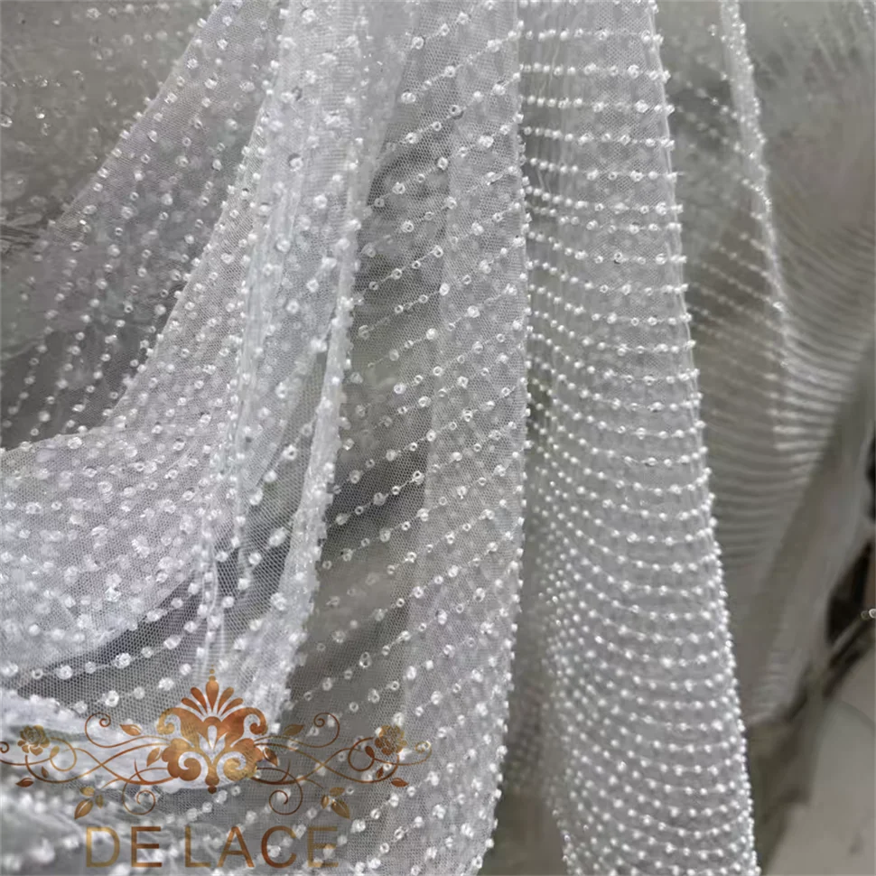 

YCM Simple Elegant Beaded Straight Lines Lace Delicate Fabric Bridal Wedding Dress Hight Quality Lace