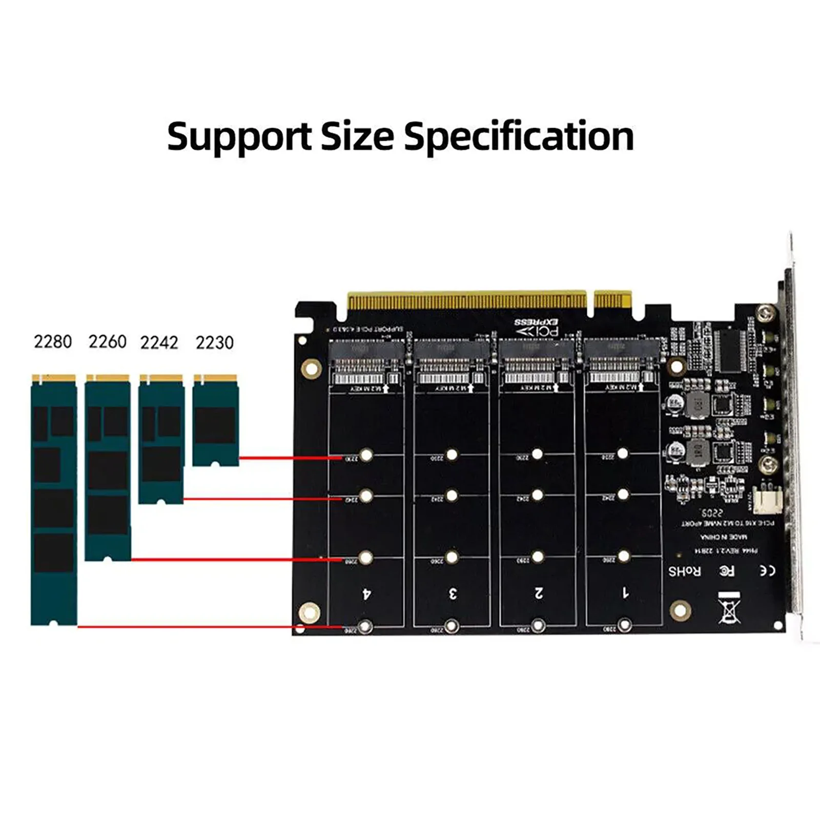 M.2 NVME SSD-PCIE X16 어댑터 4 포트 NVMe-PCI-e 호스트 확장 카드 지원 2230/2242/2260/2280