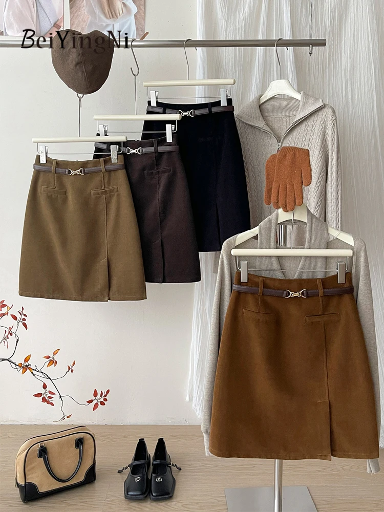 Beiyingni Fall Winter Corduroy Pencil Skirts for Women New Fashion Elegant Office Ladies Mini Skirt Korea All-match A-line Skirt