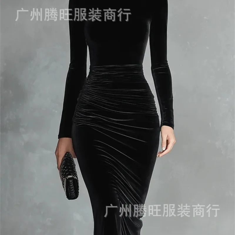 2025 Vrouwen Zwarte Jurk Lange Mouw Jurk Half Hoge Kraag Sexy Hoge Strakke Fluwelen Schede Jurk Avondfeest Elegante Vestido Gewaad