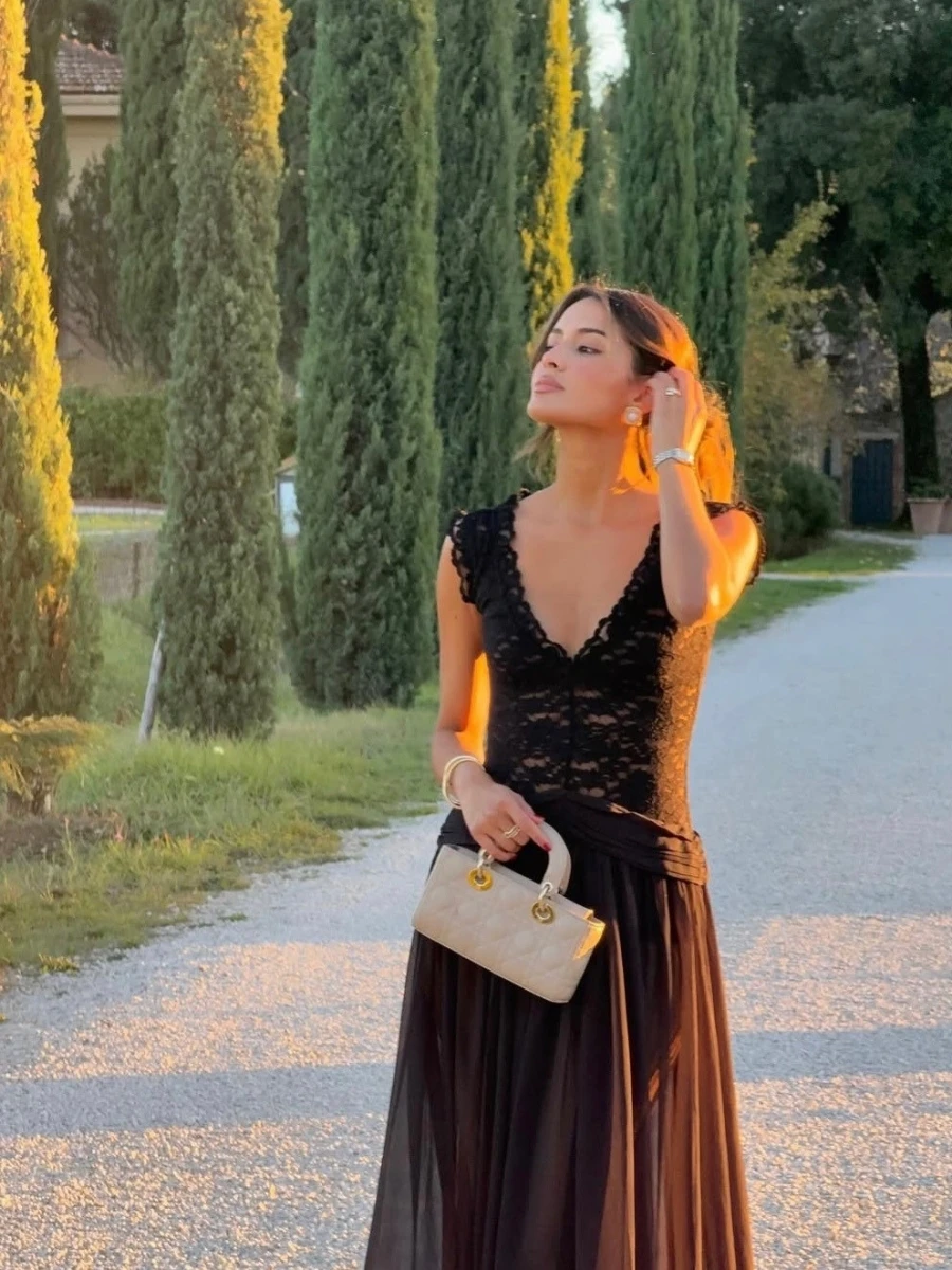 black-lace-cap-sleeve-maxi-dress-women-deep-vneck-sheer-mesh-pleated-long-skirt-elegant-wedding-guest-evening-party-formal-dress